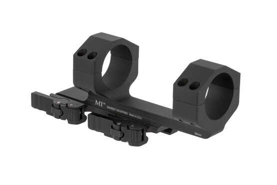 The Midwest Industries scope mount with quick detach levers has a hardcoat anodized black finish